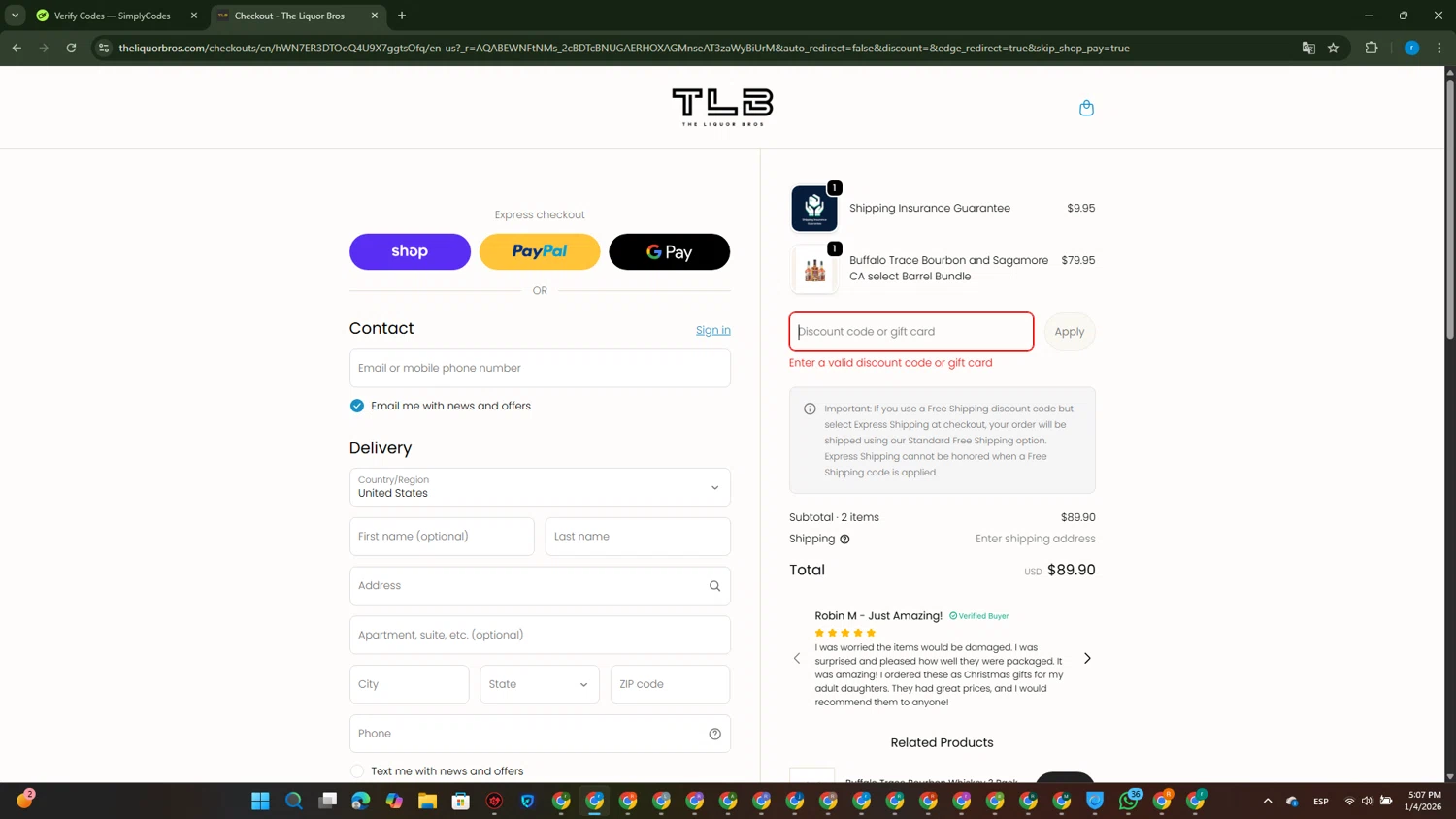 The Liquor Bros coupon code screenshot showing code TLB10 applied at The Liquor Bros checkout page. Uploaded by SimplyCodes community member RewardVoyager146 on Jan 4, 2026