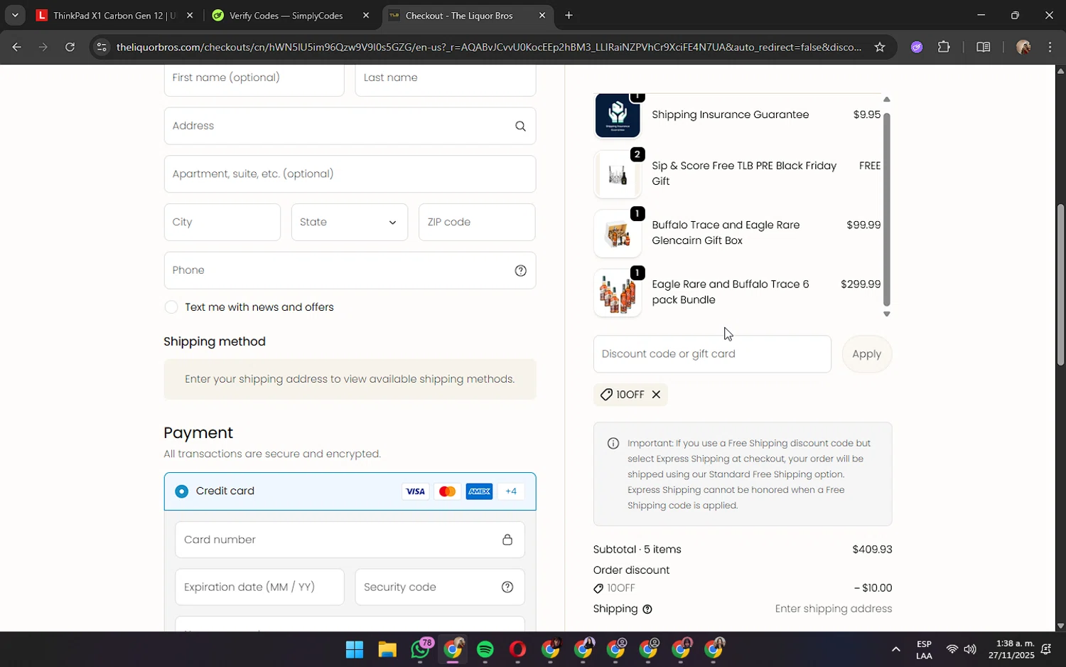 The Liquor Bros coupon code screenshot showing code 10OFF applied at The Liquor Bros checkout page. Uploaded by SimplyCodes community member JennaOrtega on Nov 27, 2025