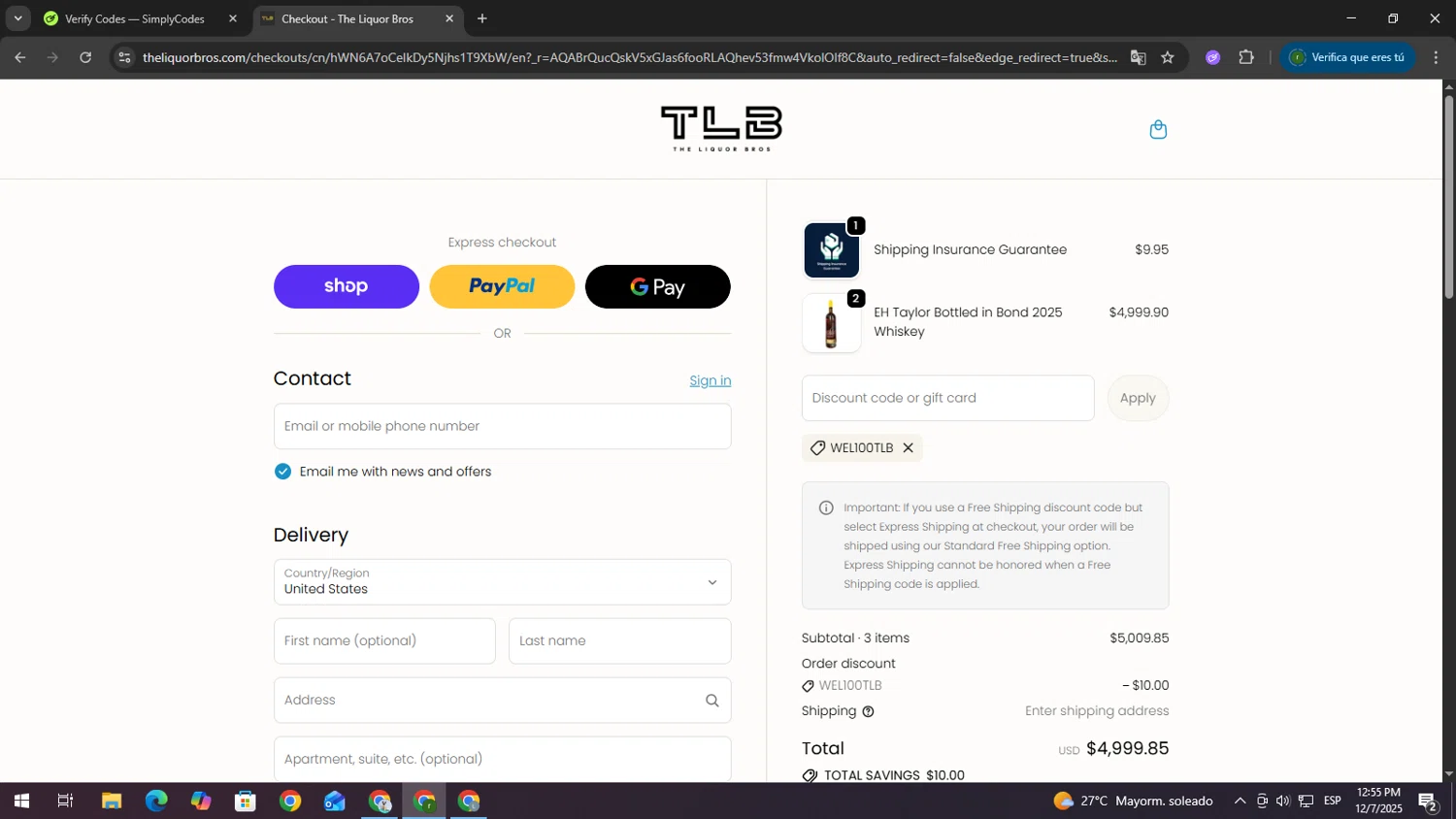 The Liquor Bros coupon code screenshot showing code WEL100TLB applied at The Liquor Bros checkout page. Uploaded by SimplyCodes community member GoldScout9735 on Dec 7, 2025