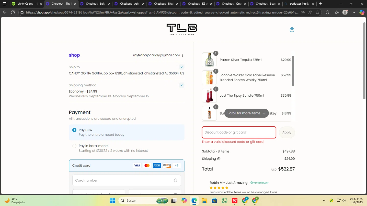 The Liquor Bros coupon code screenshot showing code 15OFF applied at The Liquor Bros checkout page. Uploaded by SimplyCodes community member mathiasmadonadogoiti on Sep 2, 2025