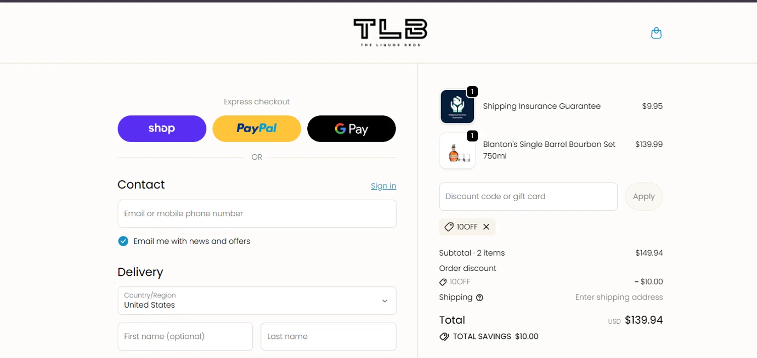 The Liquor Bros coupon code screenshot showing code 10OFF applied at The Liquor Bros checkout page. Uploaded by SimplyCodes community member ashe1986 on Oct 6, 2025