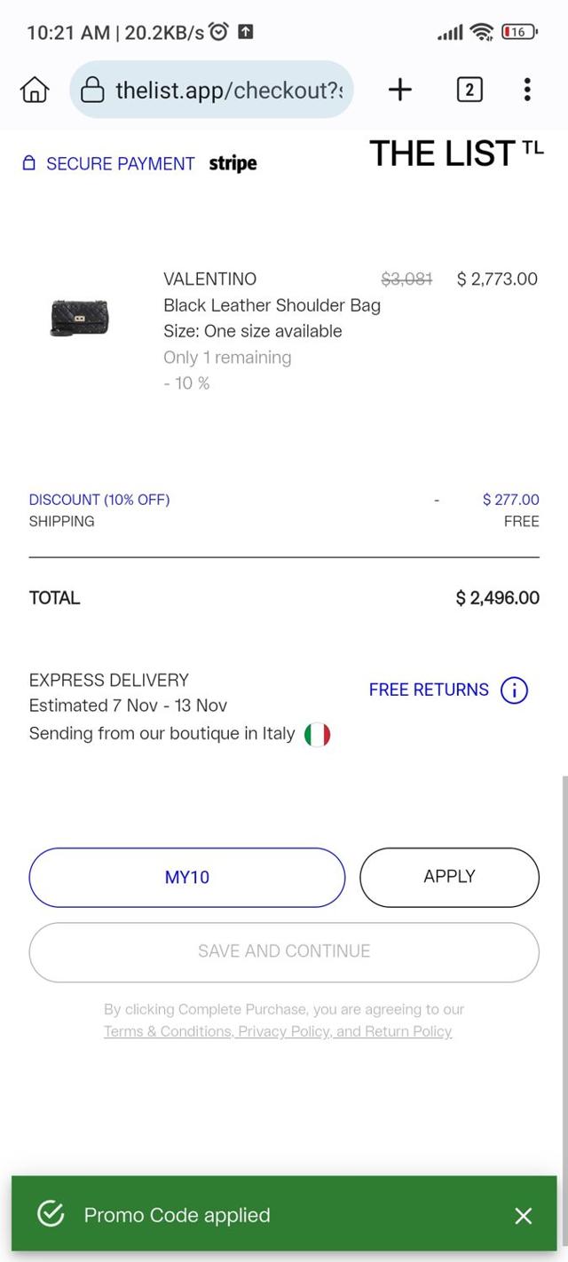 THE LIST checkout page showing THE LIST promo code box | Screenshot taken by SimplyCodes community member on Nov 5, 2024