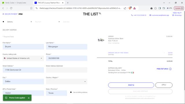 THE LIST checkout page showing THE LIST promo code box | Screenshot taken by SimplyCodes community member on Nov 8, 2024