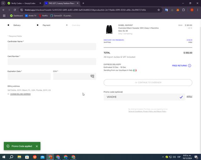 THE LIST checkout page showing THE LIST promo code box | Screenshot taken by SimplyCodes community member on Dec 10, 2024