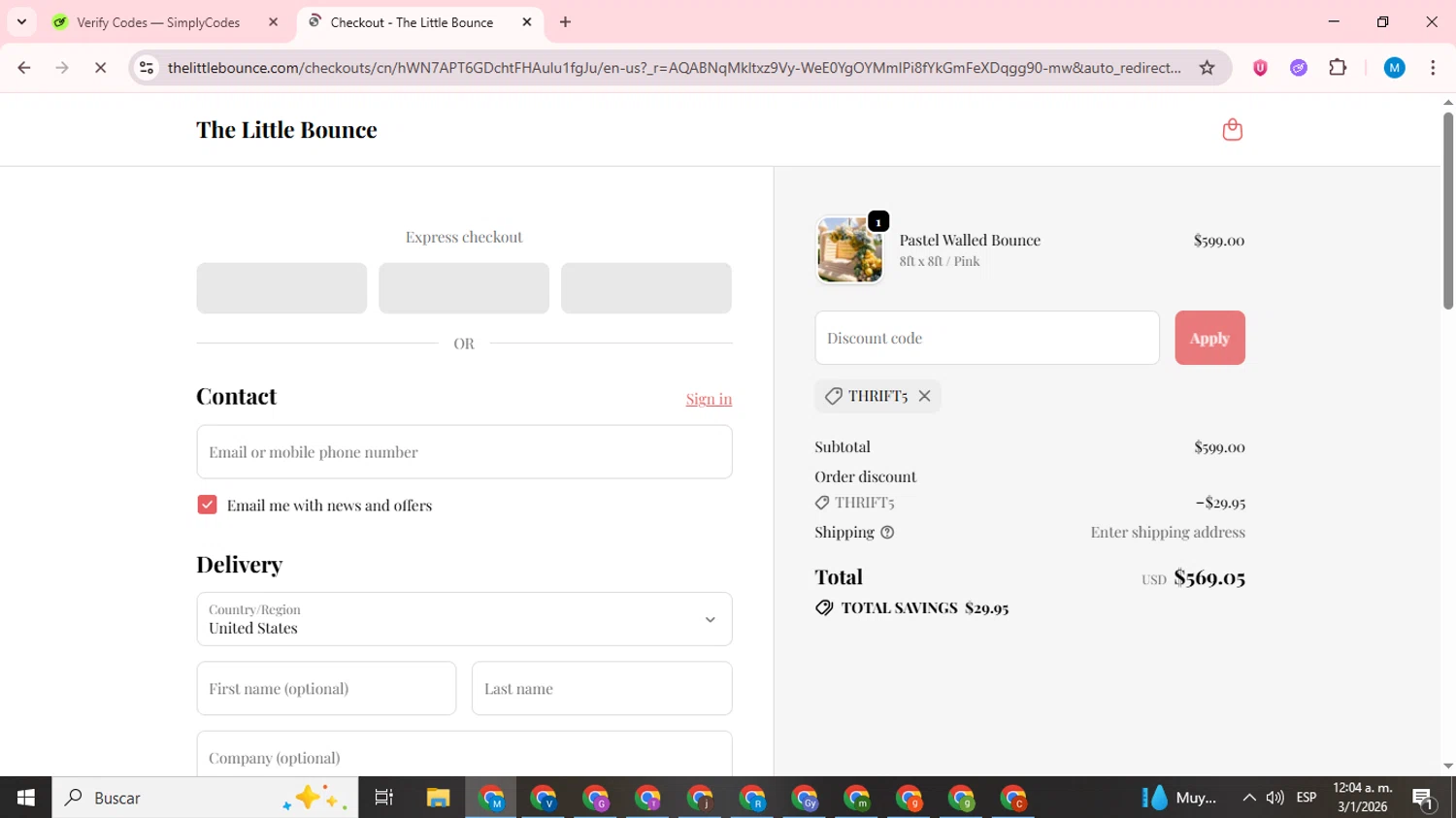 The Little Bounce checkout page showing The Little Bounce promo code box | Screenshot taken by SimplyCodes community member on Jan 3, 2026