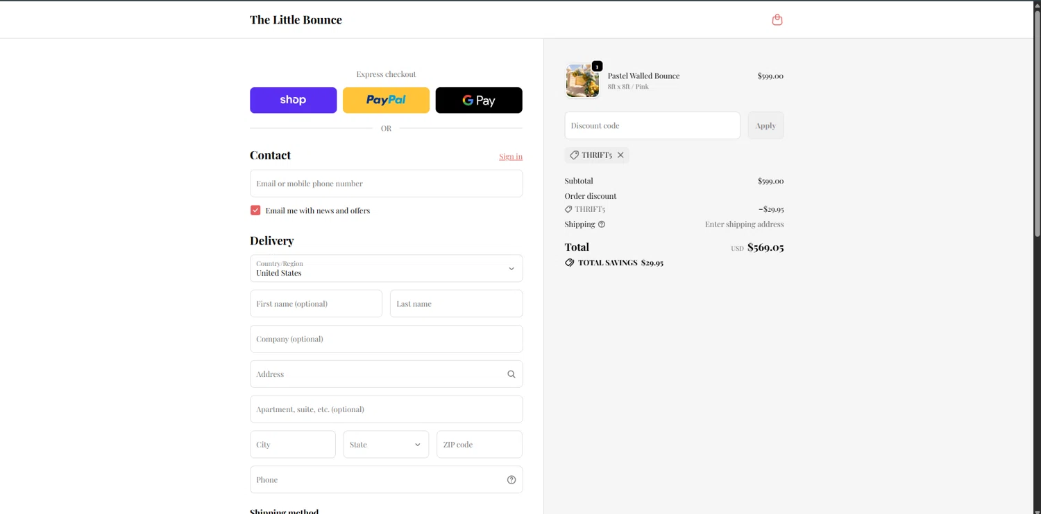 The Little Bounce promo code screenshot showing code THRIFT5 applied at The Little Bounce checkout page. Uploaded by SimplyCodes community member ValiantSleuth7563 on Jan 3, 2026