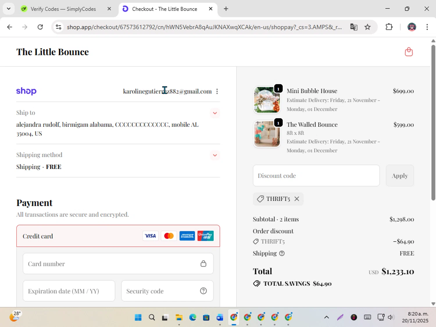 The Little Bounce promo code screenshot showing code THRIFT5 applied at The Little Bounce checkout page. Uploaded by SimplyCodes community member karoline on Nov 20, 2025