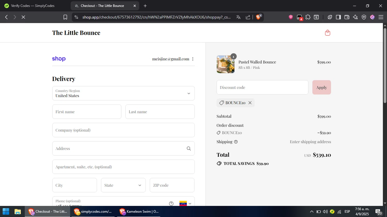 The Little Bounce promo code screenshot showing code BOUNCE10 applied at The Little Bounce checkout page. Uploaded by SimplyCodes community member RebateRanger5627 on Sep 4, 2025