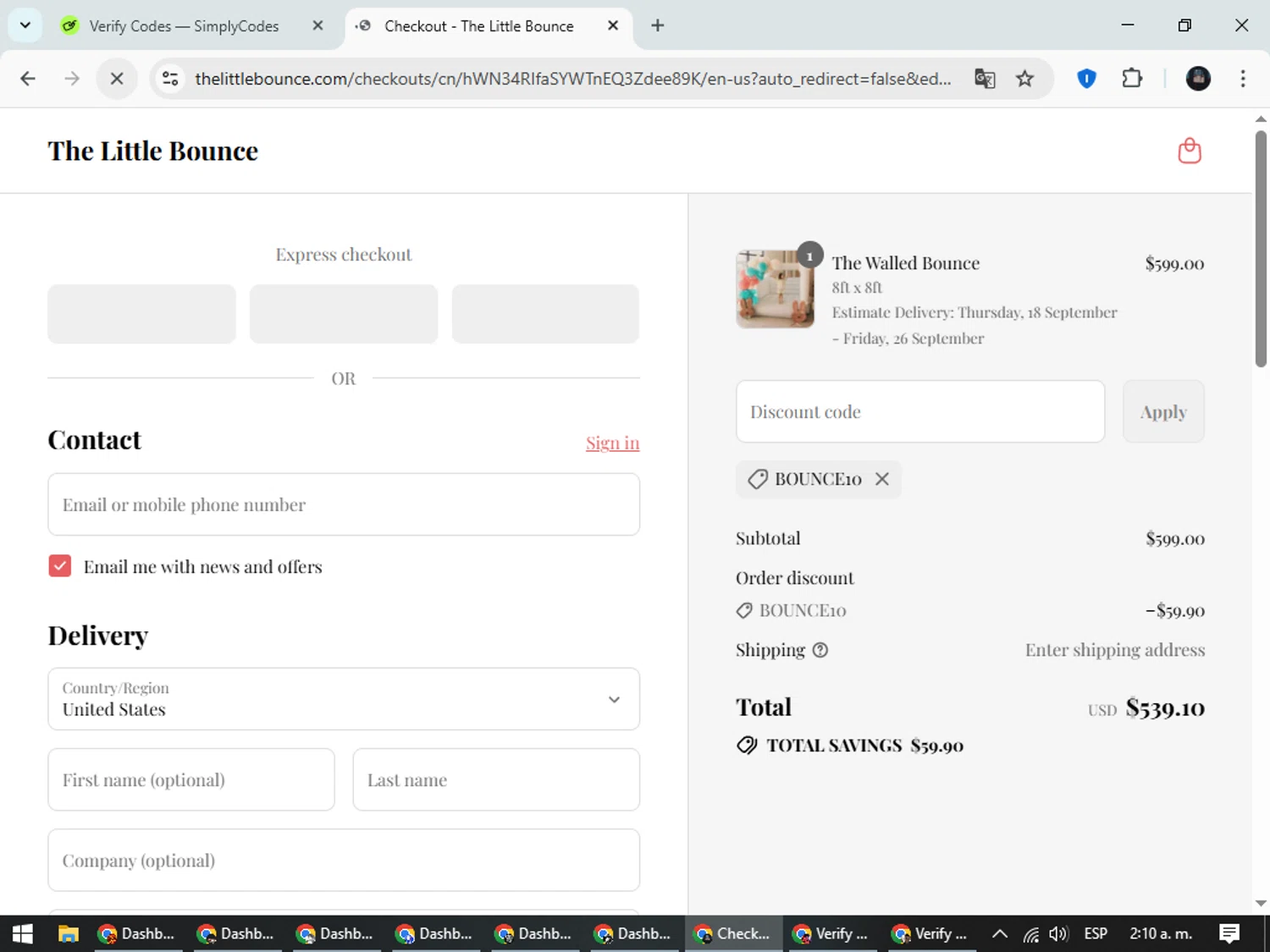 The Little Bounce promo code screenshot showing code BOUNCE10 applied at The Little Bounce checkout page. Uploaded by SimplyCodes community member ValueElite5945 on Sep 17, 2025