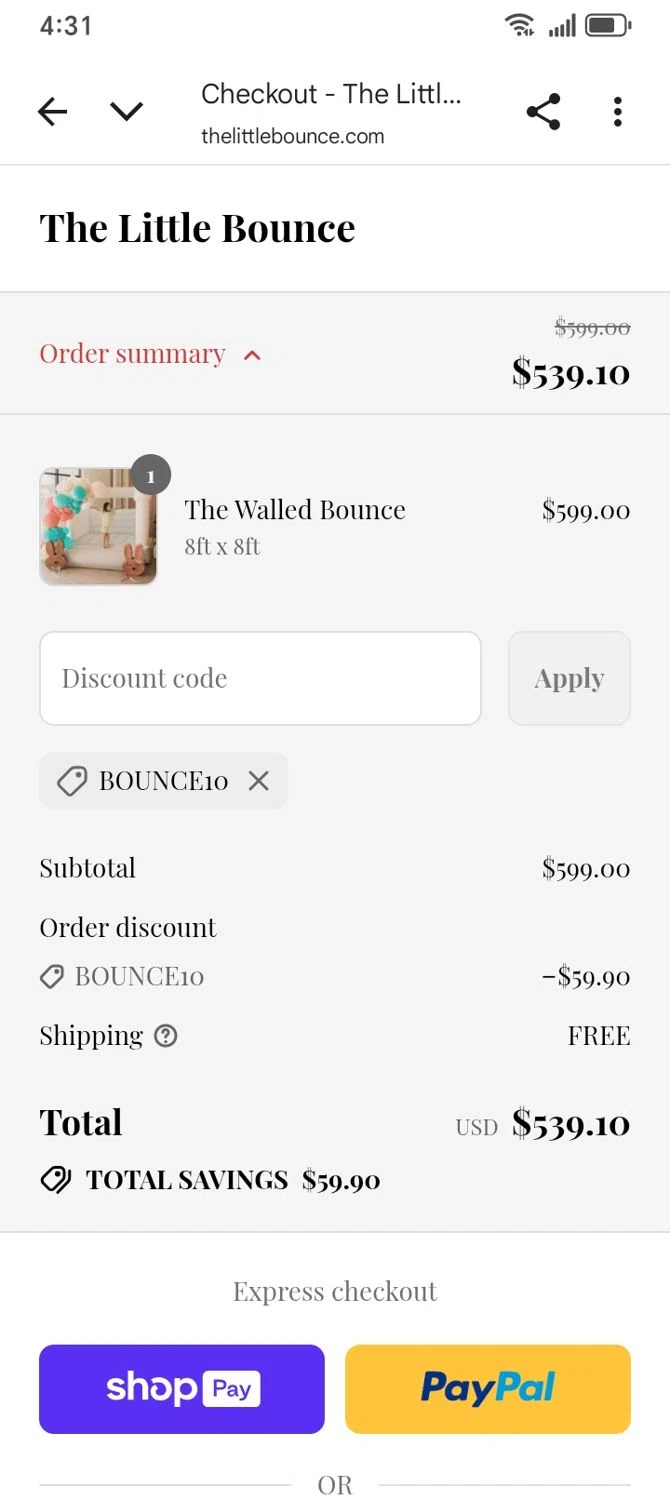 The Little Bounce promo code screenshot showing code BOUNCE10 applied at The Little Bounce checkout page. Uploaded by SimplyCodes community member franksanchez on Aug 27, 2025