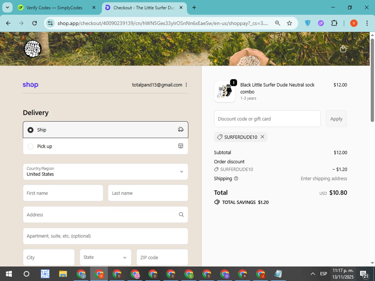 The Little Surfer Dude promo code screenshot showing code SURFERDUDE10 applied at The Little Surfer Dude checkout page. Uploaded by SimplyCodes community member CodeMonarch8148 on Nov 14, 2025