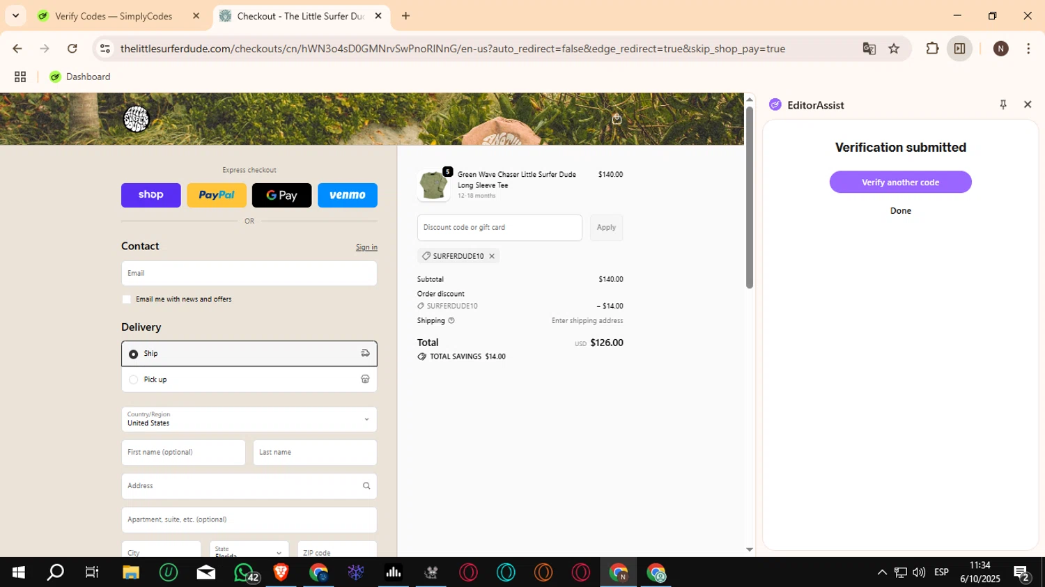 The Little Surfer Dude promo code screenshot showing code SURFERDUDE10 applied at The Little Surfer Dude checkout page. Uploaded by SimplyCodes community member Crchirino1 on Oct 6, 2025