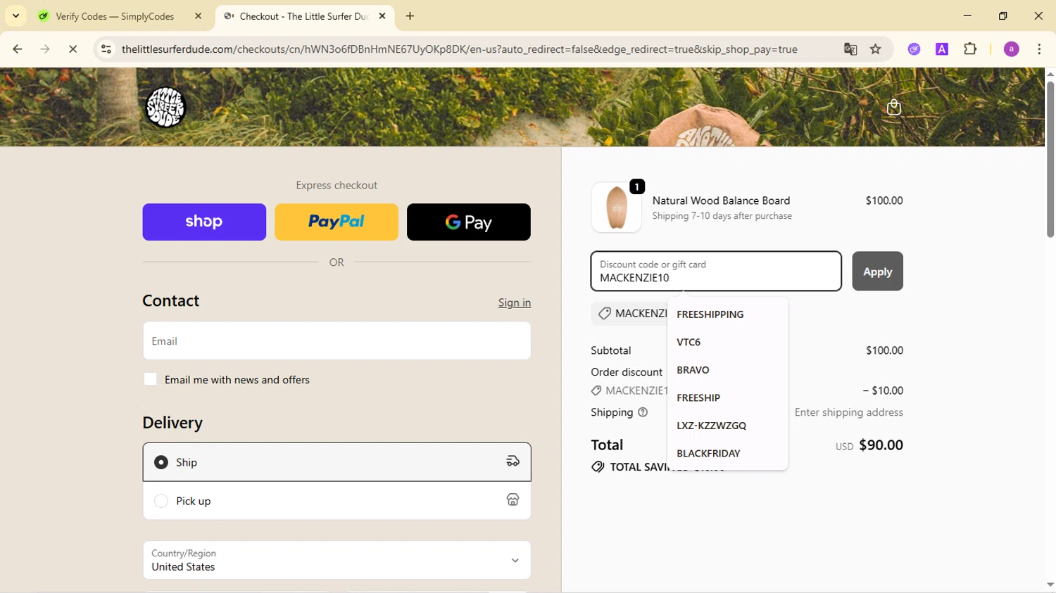 The Little Surfer Dude promo code screenshot showing code MACKENZIE10 applied at The Little Surfer Dude checkout page. Uploaded by SimplyCodes community member CodeMaverick246 on Oct 6, 2025