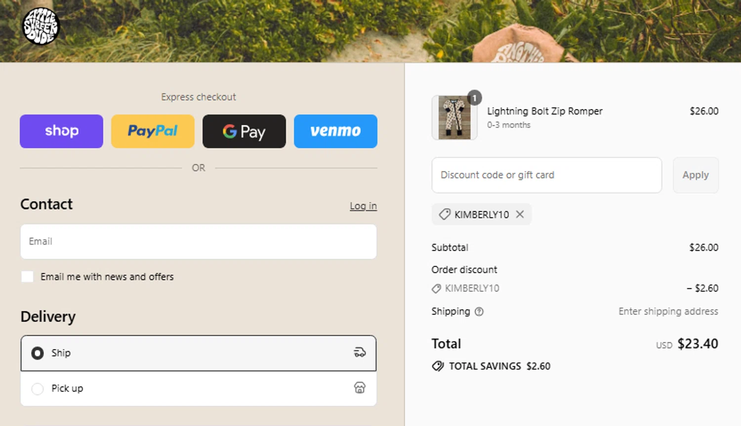 The Little Surfer Dude promo code screenshot showing code KIMBERLY10 applied at The Little Surfer Dude checkout page. Uploaded by SimplyCodes community member CouponLion324 on Sep 3, 2025