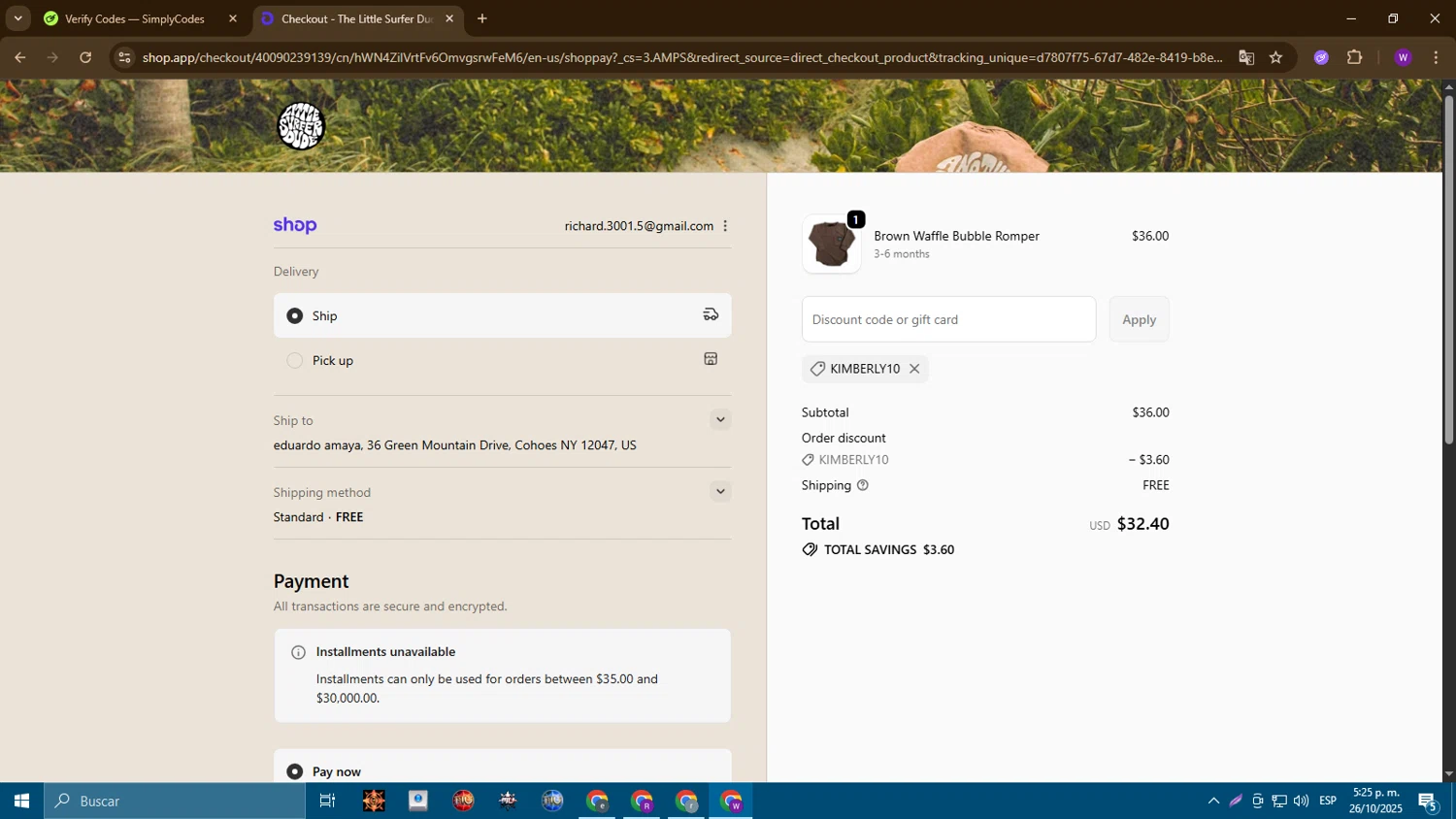 The Little Surfer Dude promo code screenshot showing code KIMBERLY10 applied at The Little Surfer Dude checkout page. Uploaded by SimplyCodes community member ExtraordinaryGuardian7753 on Oct 26, 2025
