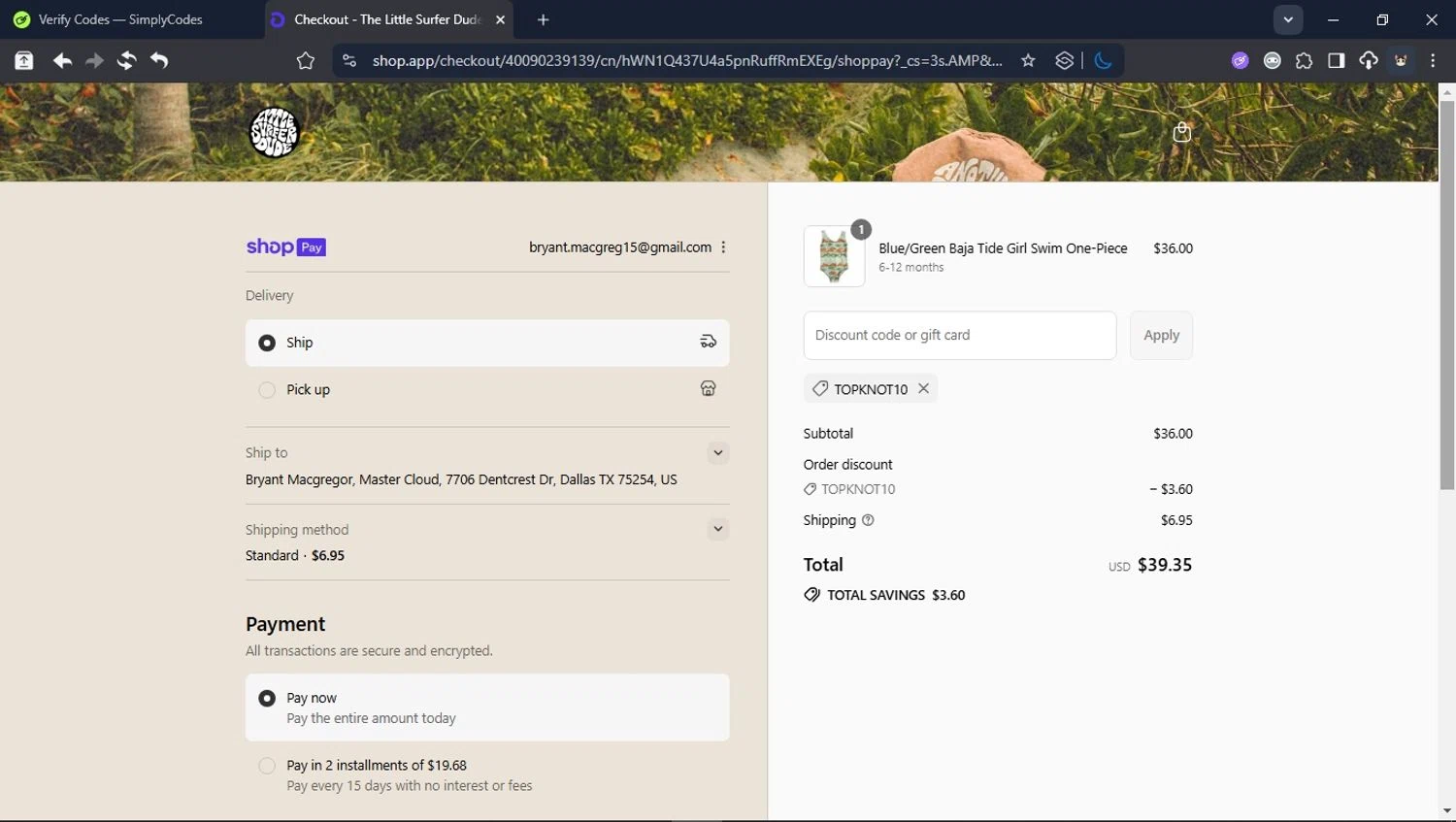 The Little Surfer Dude promo code screenshot showing code TOPKNOT10 applied at The Little Surfer Dude checkout page. Uploaded by SimplyCodes community member LegendaryCollector6259 on Aug 4, 2025