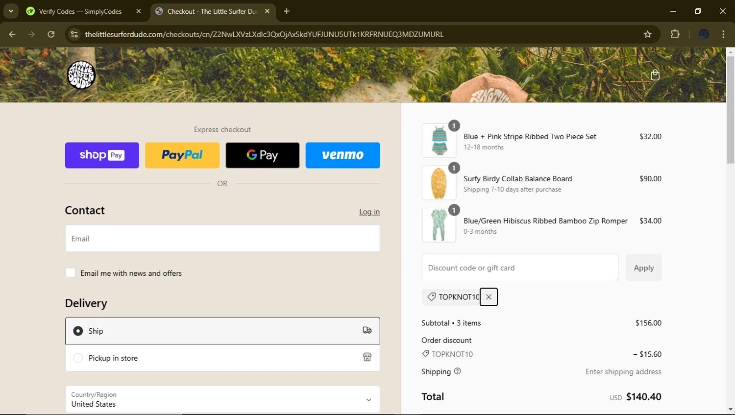 The Little Surfer Dude promo code screenshot showing code TOPKNOT10 applied at The Little Surfer Dude checkout page. Uploaded by SimplyCodes community member GloriousFinder8415 on Jan 6, 2025