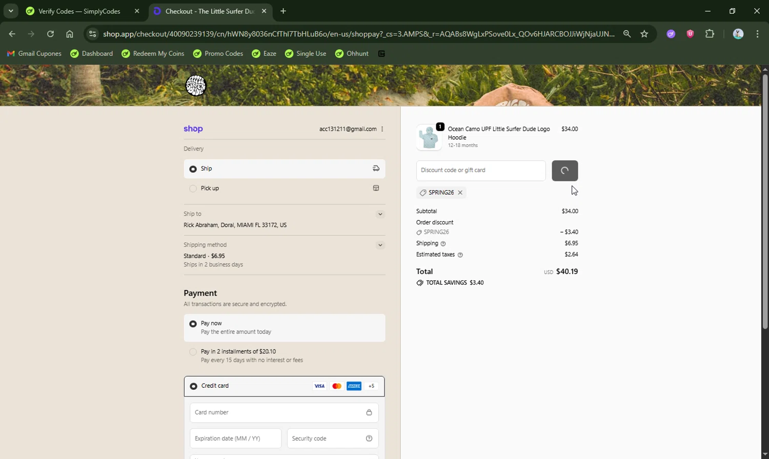 The Little Surfer Dude checkout page showing The Little Surfer Dude promo code box | Screenshot taken by SimplyCodes community member on Feb 19, 2026