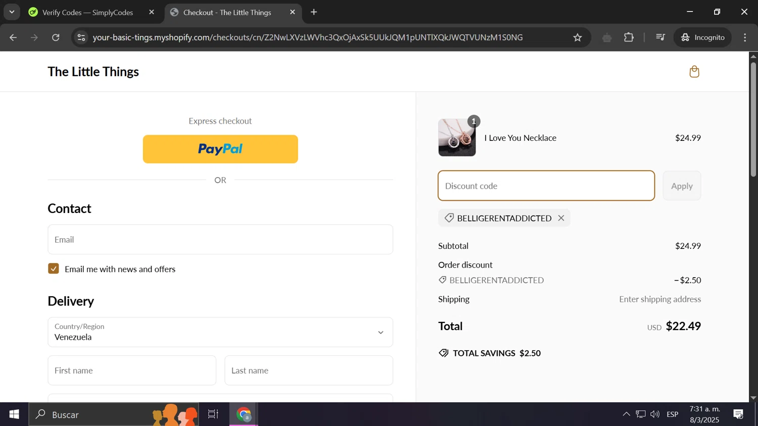The Little Things discount code screenshot showing code belligerentaddicted applied at The Little Things checkout page. Uploaded by SimplyCodes community member PrimeShopper662 on Mar 8, 2025