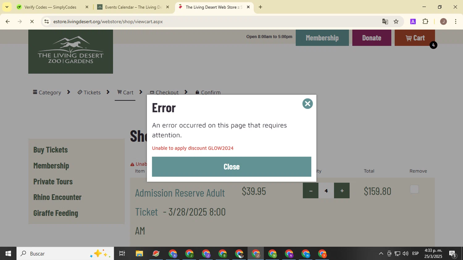 The Living Desert promo code screenshot showing code GLOW2024 applied at The Living Desert checkout page. Uploaded by SimplyCodes community member ValiantHero2365 on Mar 25, 2025