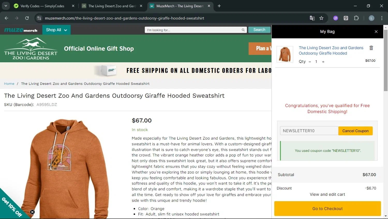 The Living Desert promo code screenshot showing code NEWSLETTER10 applied at The Living Desert checkout page. Uploaded by SimplyCodes community member RoyalOwl5790 on Aug 30, 2025