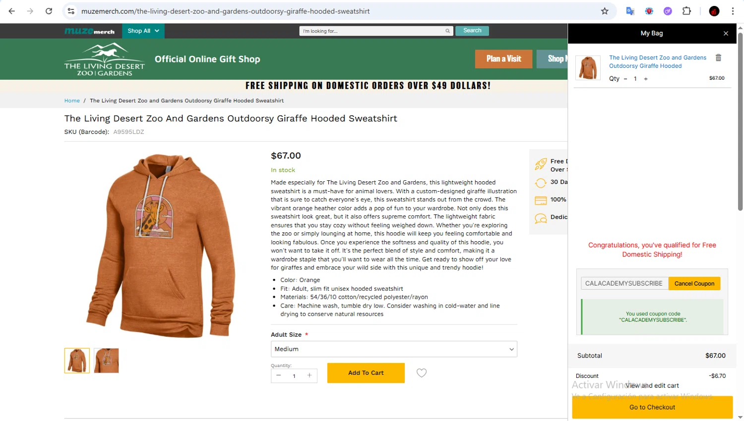 The Living Desert promo code screenshot showing code CALACADEMYSUBSCRIBE applied at The Living Desert checkout page. Uploaded by SimplyCodes community member Francisco01 on Jan 24, 2026