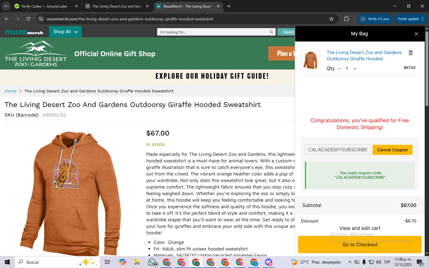The Living Desert promo code screenshot showing code CALACADEMYSUBSCRIBE applied at The Living Desert checkout page. Uploaded by SimplyCodes community member ScanSpotter8851 on Dec 13, 2025