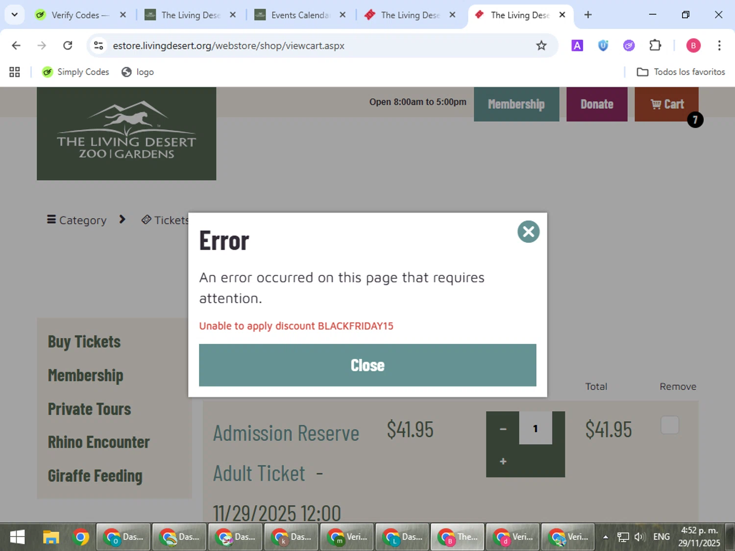 The Living Desert promo code screenshot showing code BLACKFRIDAY15 applied at The Living Desert checkout page. Uploaded by SimplyCodes community member bombontropical on Nov 29, 2025