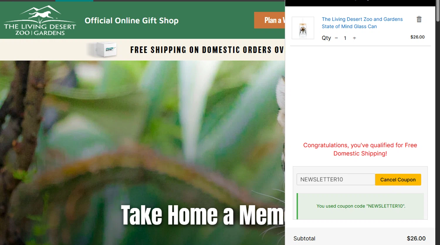 The Living Desert promo code screenshot showing code NEWSLETTER10 applied at The Living Desert checkout page. Uploaded by SimplyCodes community member Dejadepicharme on Nov 8, 2025