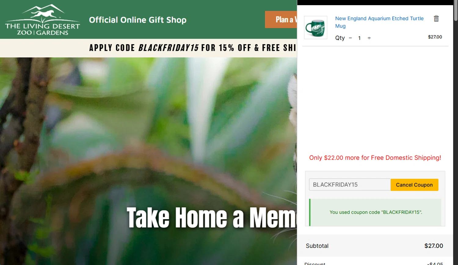 The Living Desert promo code screenshot showing code BLACKFRIDAY15 applied at The Living Desert checkout page. Uploaded by SimplyCodes community member Dejadepicharme on Nov 26, 2025