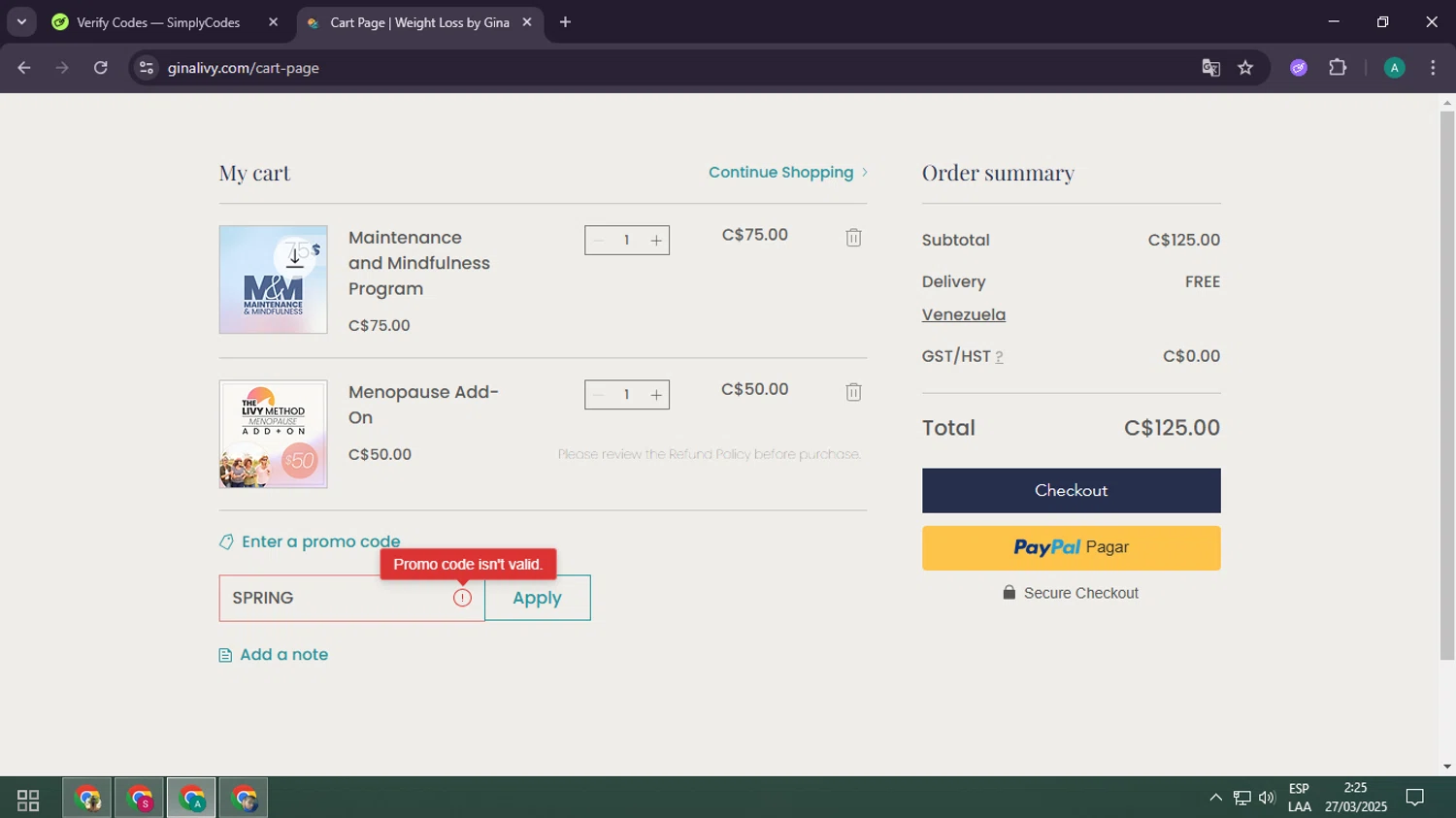 The Livy Method promo code screenshot showing code SPRING applied at The Livy Method checkout page. Uploaded by SimplyCodes community member CarlOz on Mar 27, 2025