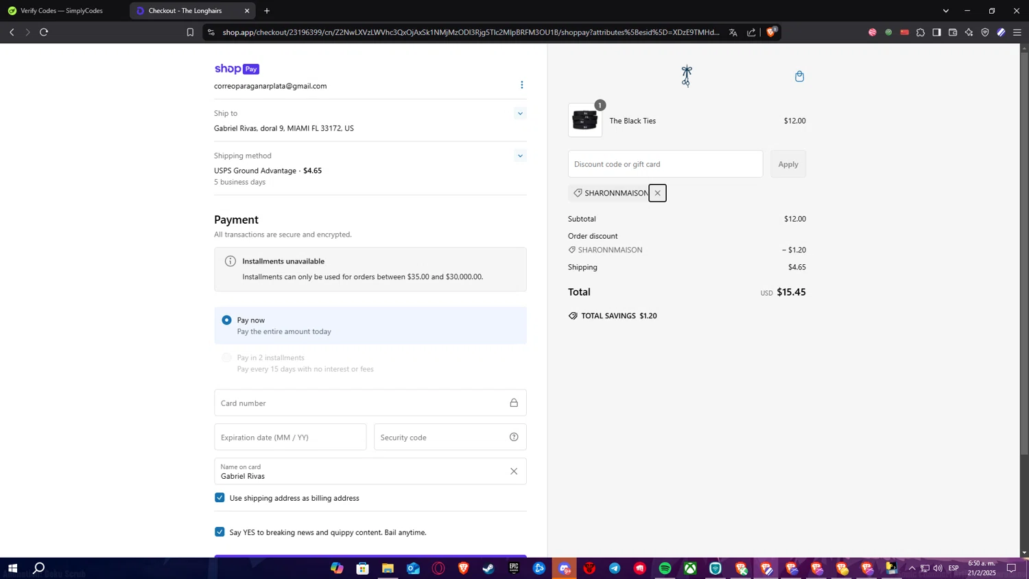 The Longhairs discount code screenshot showing code SHARONNMAISON applied at The Longhairs checkout page. Uploaded by SimplyCodes community member ElPelao on Feb 21, 2025