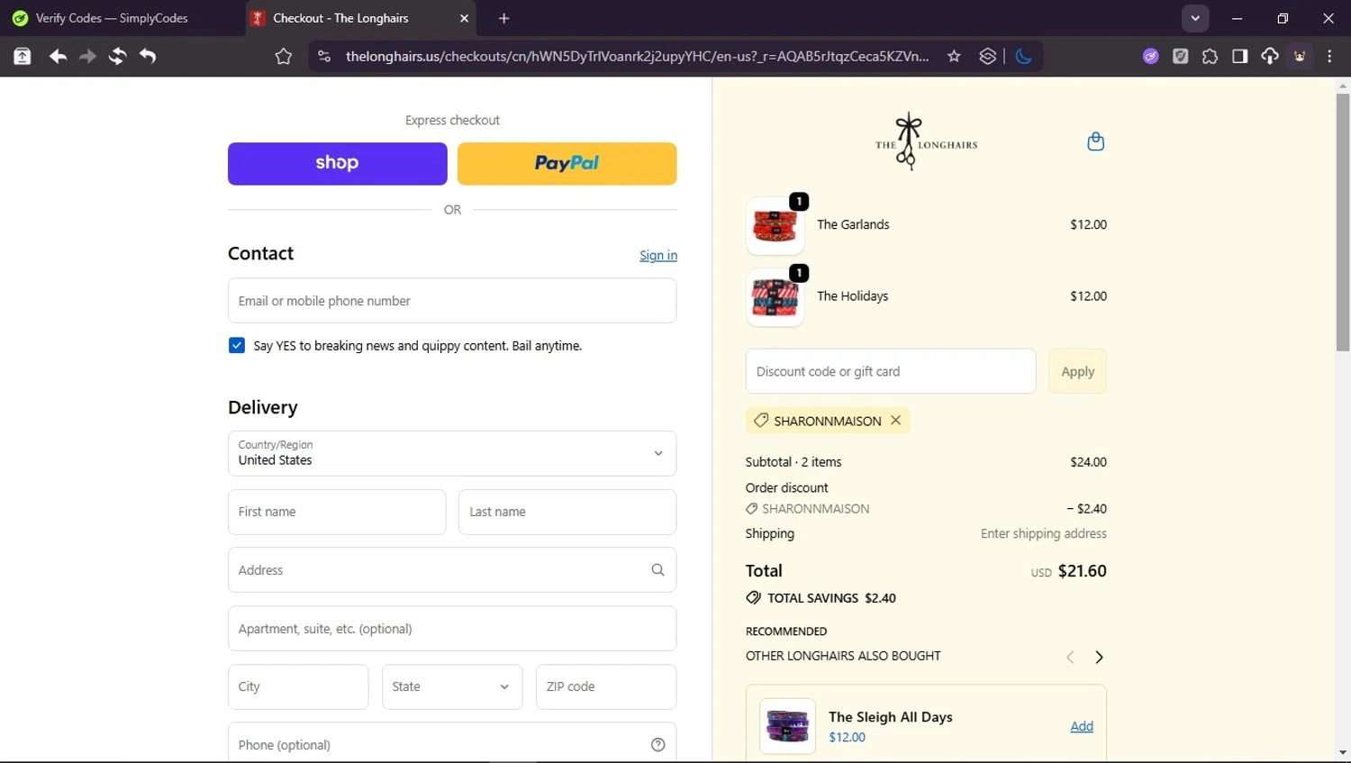 The Longhairs discount code screenshot showing code SHARONNMAISON applied at The Longhairs checkout page. Uploaded by SimplyCodes community member Userr2 on Nov 12, 2025