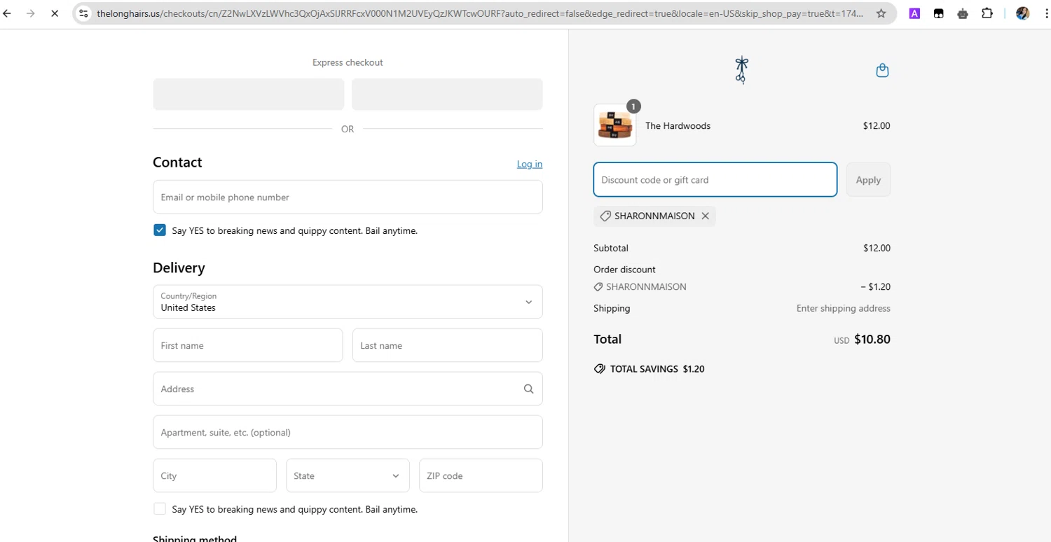 The Longhairs discount code screenshot showing code SHARONNMAISON applied at The Longhairs checkout page. Uploaded by SimplyCodes community member YHLQMDLGN on Apr 13, 2025