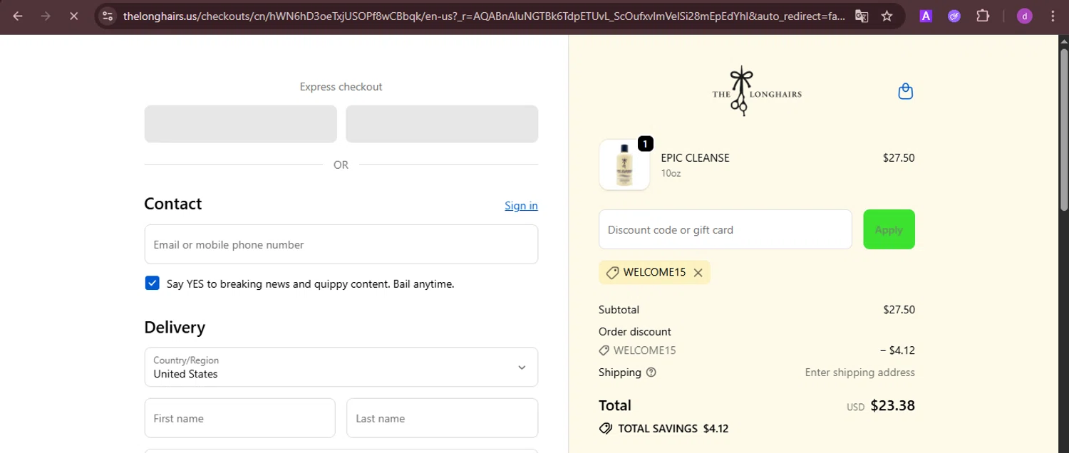 The Longhairs discount code screenshot showing code WELCOME15 applied at The Longhairs checkout page. Uploaded by SimplyCodes community member PennyTiger4891 on Dec 21, 2025