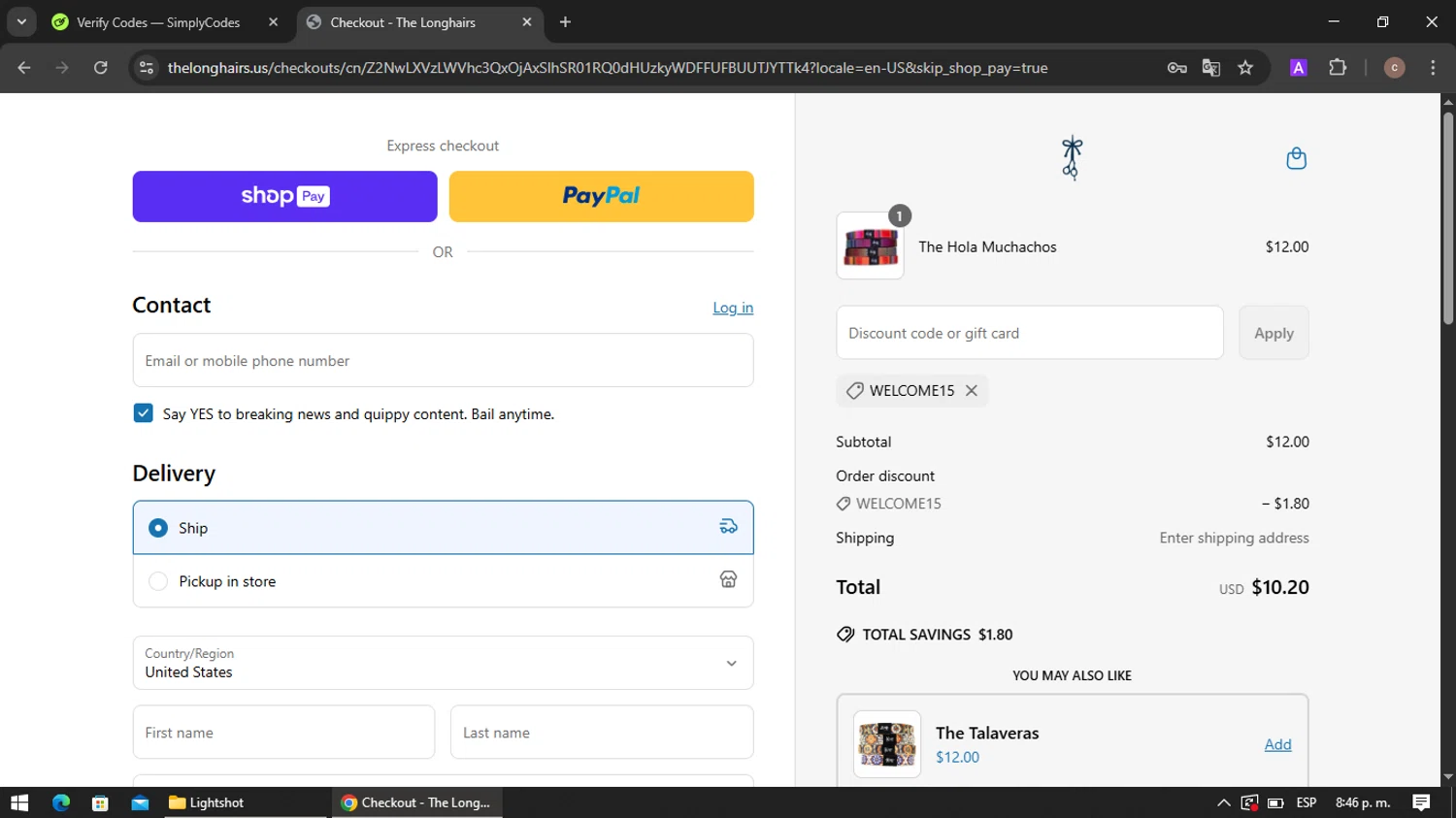 The Longhairs discount code screenshot showing code WELCOME15 applied at The Longhairs checkout page. Uploaded by SimplyCodes community member VoucherRanger901 on Jun 15, 2025