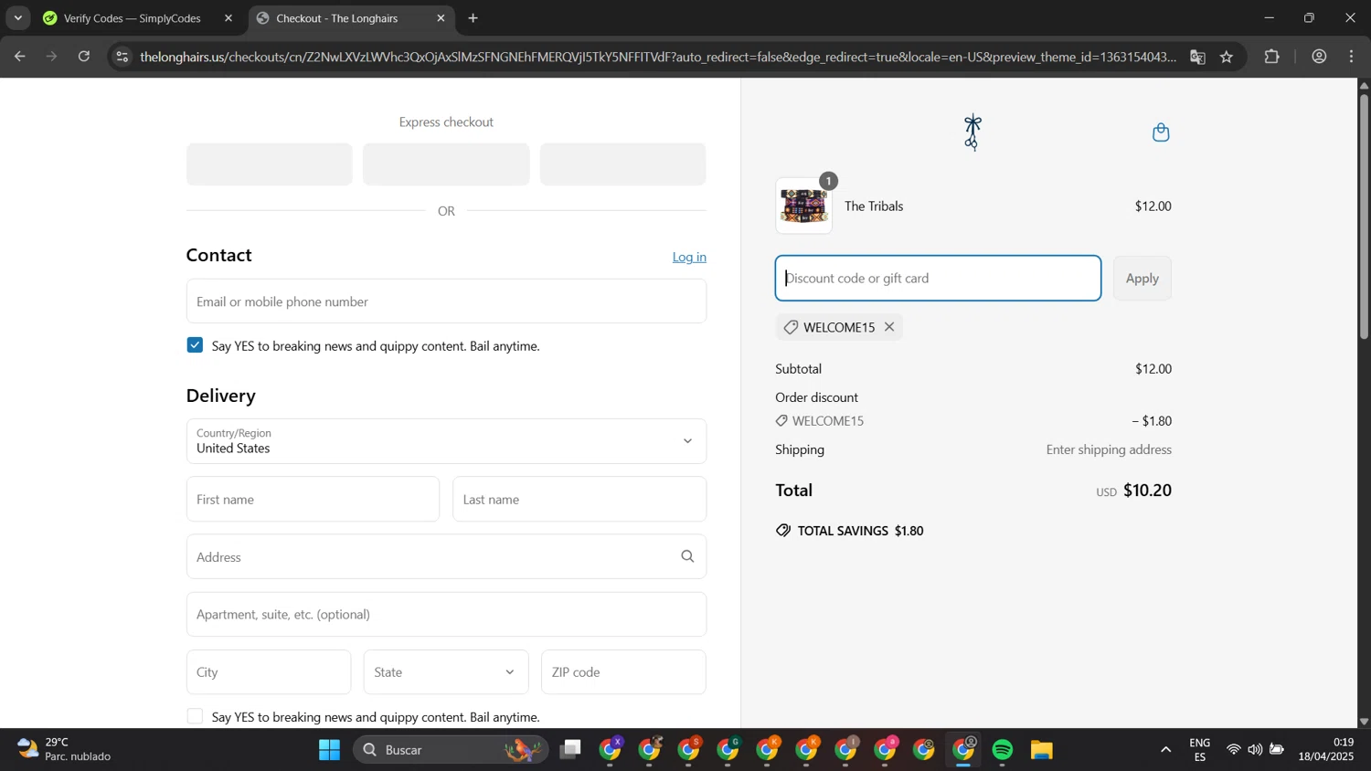 The Longhairs discount code screenshot showing code WELCOME15 applied at The Longhairs checkout page. Uploaded by SimplyCodes community member gengarpirone292ca7 on Apr 18, 2025