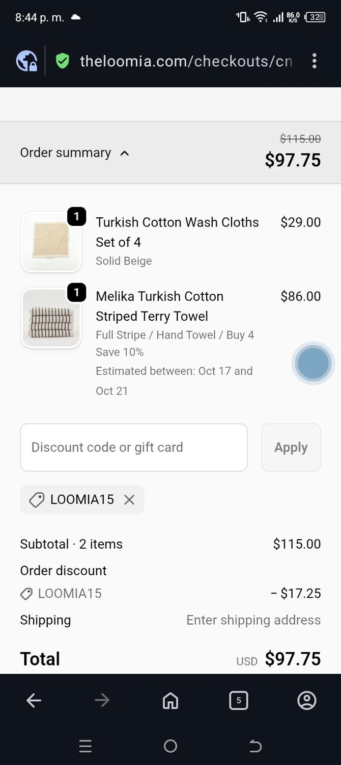 The Loomia discount code screenshot showing code LOOMIA15 applied at The Loomia checkout page. Uploaded by SimplyCodes community member ANABEL on Oct 15, 2025