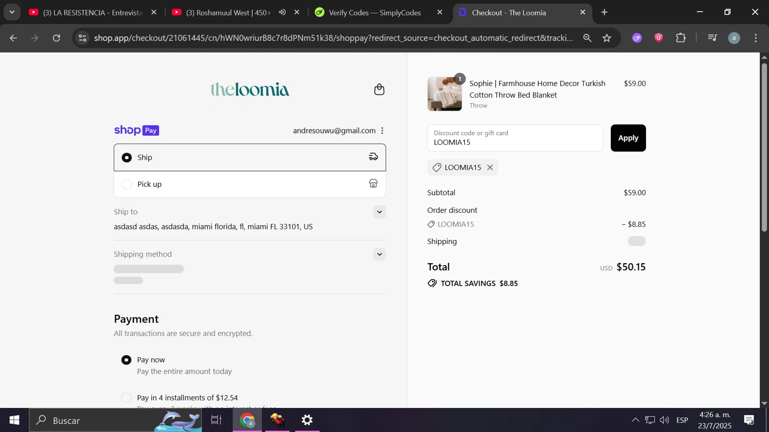 The Loomia discount code screenshot showing code LOOMIA15 applied at The Loomia checkout page. Uploaded by SimplyCodes community member Frizk_1 on Jul 23, 2025