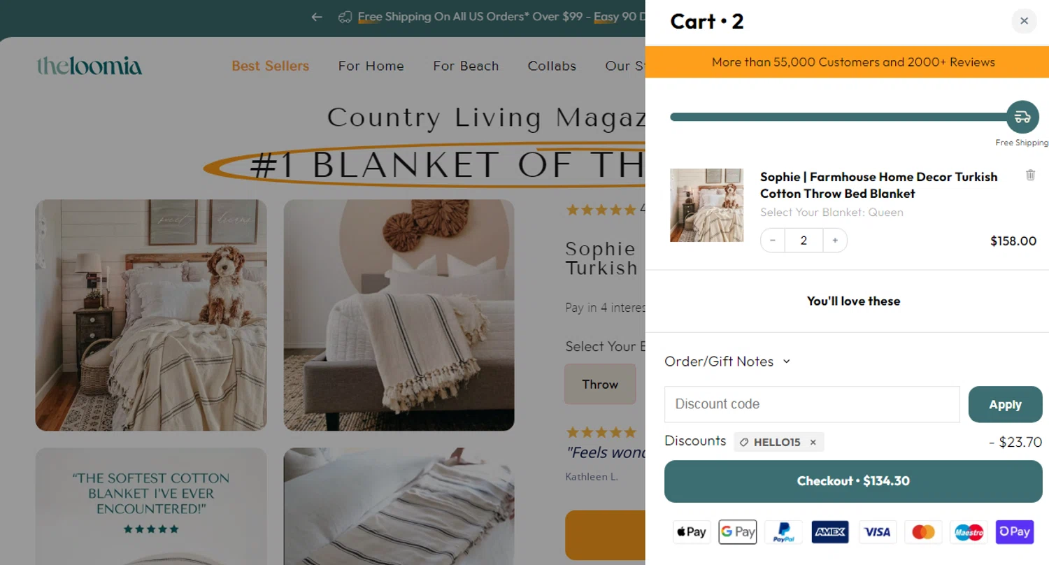 The Loomia discount code screenshot showing code HELLO15 applied at The Loomia checkout page. Uploaded by SimplyCodes community member Yuskeilyn20 on Oct 19, 2025