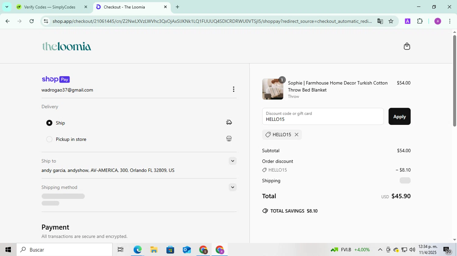 The Loomia discount code screenshot showing code HELLO15 applied at The Loomia checkout page. Uploaded by SimplyCodes community member FortunatePilot2384 on Apr 11, 2025