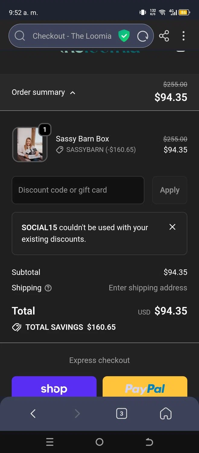 The Loomia discount code screenshot showing code SOCIAL15 applied at The Loomia checkout page. Uploaded by SimplyCodes community member chepipi on Nov 9, 2025