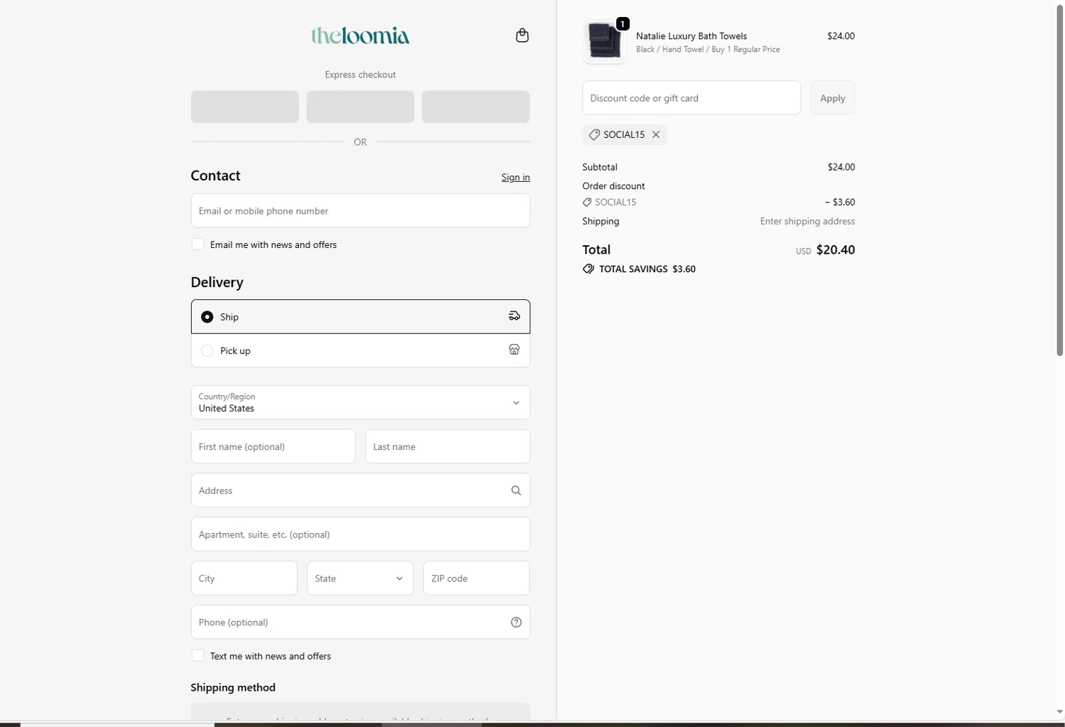 The Loomia discount code screenshot showing code SOCIAL15 applied at The Loomia checkout page. Uploaded by SimplyCodes community member holasfosi on Oct 11, 2025