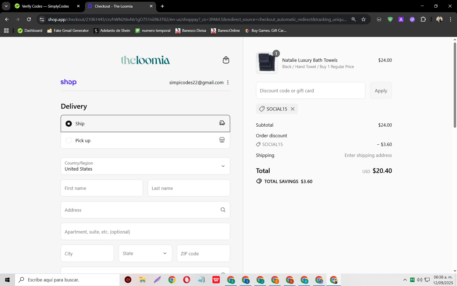 The Loomia discount code screenshot showing code SOCIAL15 applied at The Loomia checkout page. Uploaded by SimplyCodes community member jeysosmoore on Sep 12, 2025
