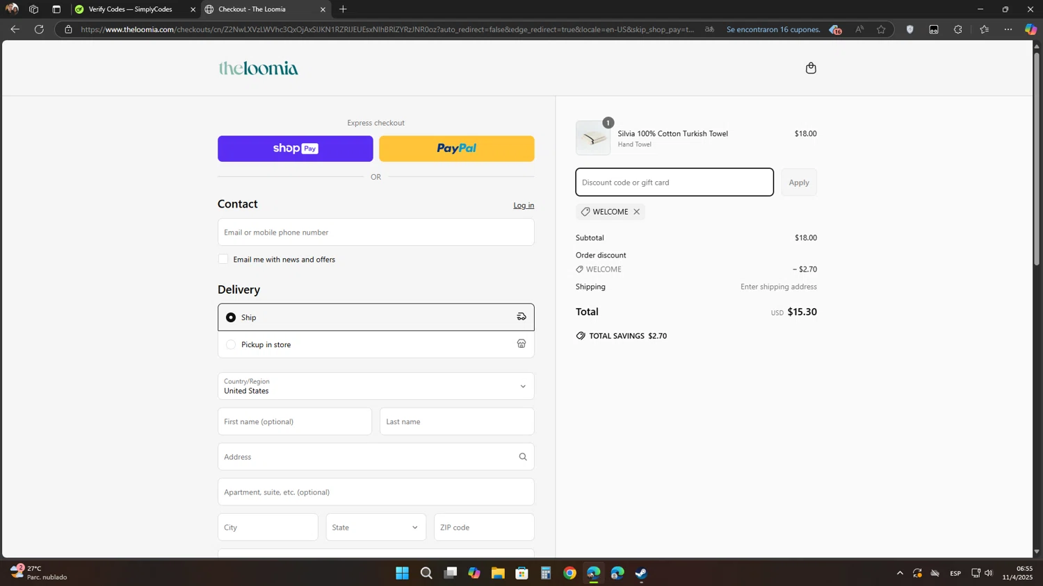 The Loomia discount code screenshot showing code WELCOME applied at The Loomia checkout page. Uploaded by SimplyCodes community member Flores on Apr 11, 2025