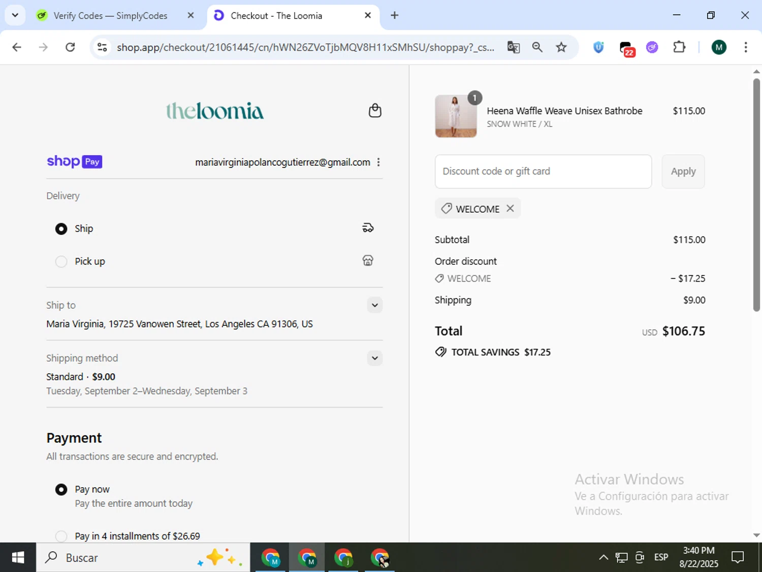 The Loomia discount code screenshot showing code WELCOME applied at The Loomia checkout page. Uploaded by SimplyCodes community member Jorgeluisvera on Aug 22, 2025