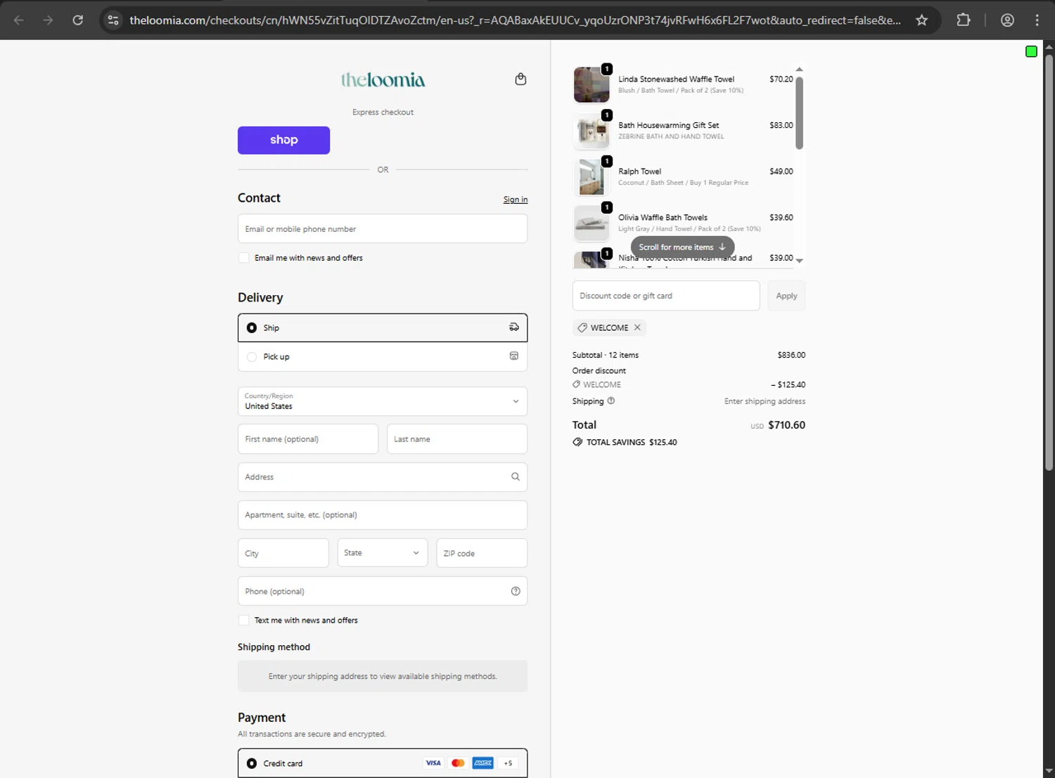 The Loomia discount code screenshot showing code WELCOME applied at The Loomia checkout page. Uploaded by SimplyCodes community member QuestScholar1789 on Nov 9, 2025