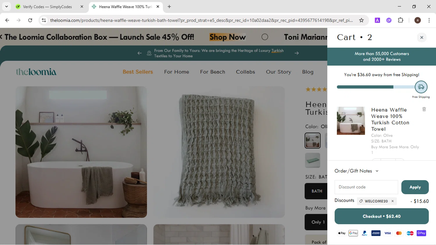 The Loomia discount code screenshot showing code WELCOME20 applied at The Loomia checkout page. Uploaded by SimplyCodes community member CodeMaverick246 on Jun 22, 2025