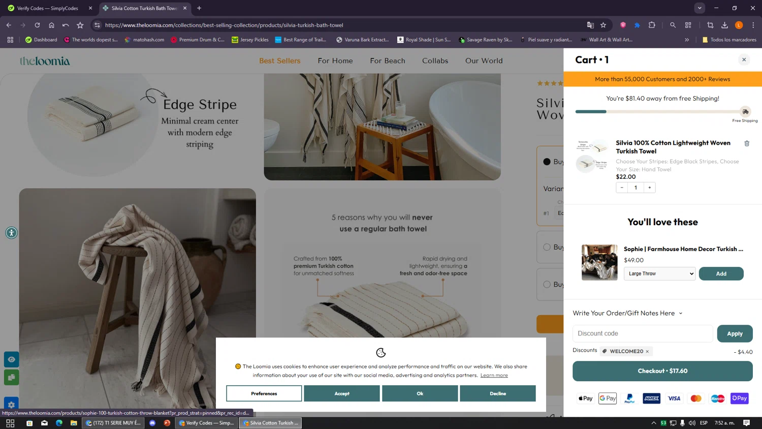 The Loomia discount code screenshot showing code WELCOME20 applied at The Loomia checkout page. Uploaded by SimplyCodes community member VayneChambeadora on Jan 27, 2026