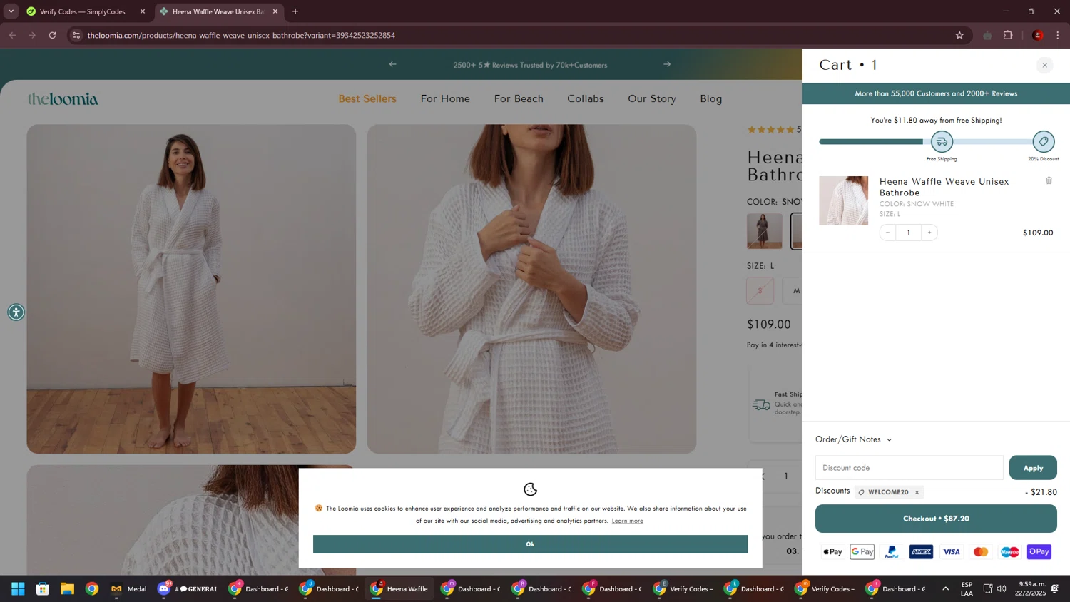 The Loomia discount code screenshot showing code WELCOME20 applied at The Loomia checkout page. Uploaded by SimplyCodes community member BrilliantSaver7516 on Feb 22, 2025